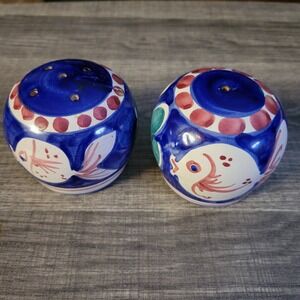 Solimene Hand Painted Ceramic Salt & Pepper Shakers Blue Fish Folk Art Set Italy